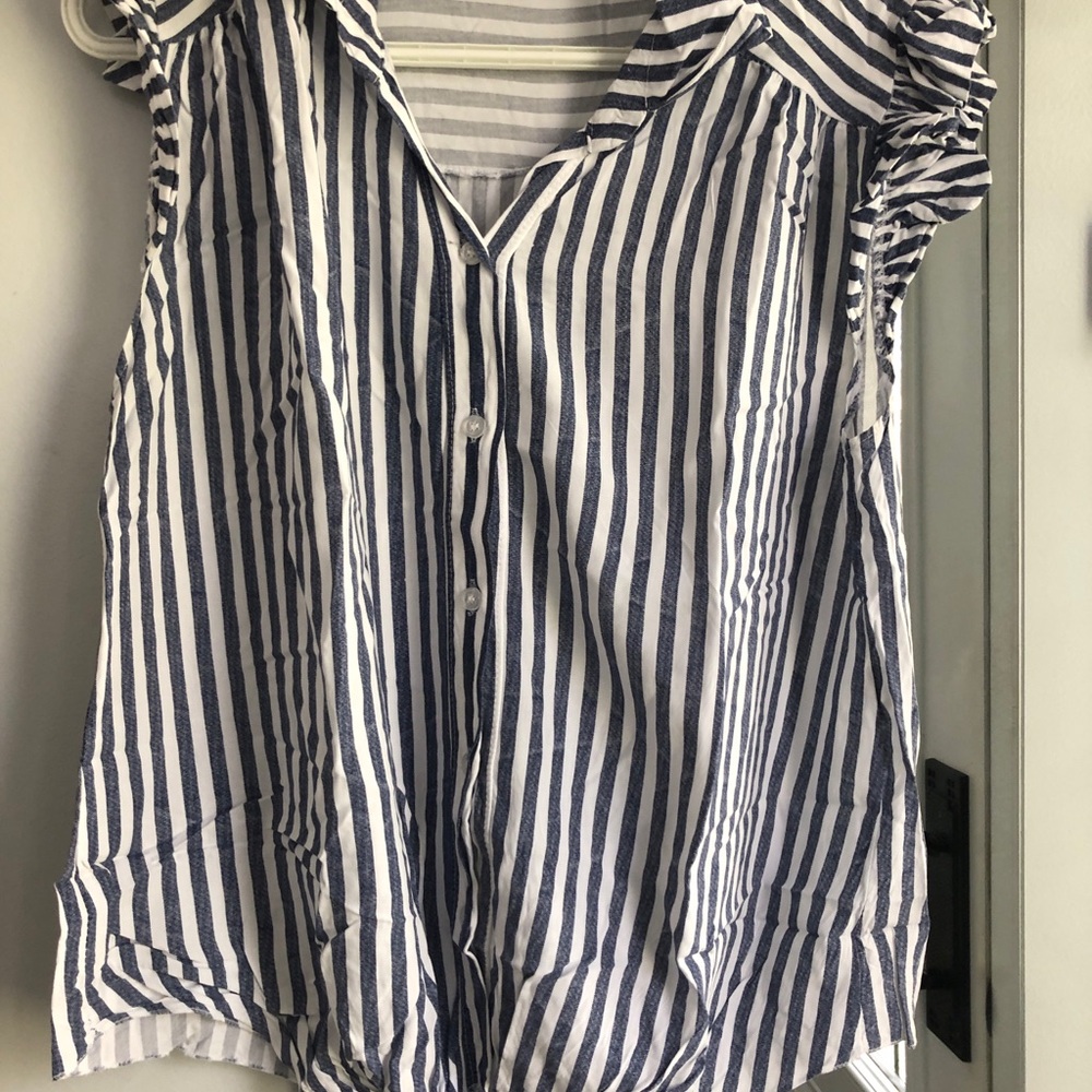 Striped Navy and White Sleeveless Button-Front Top